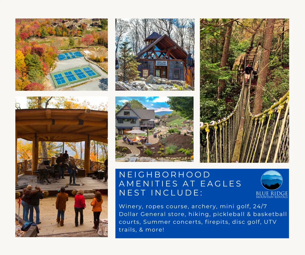 A lively scene featuring an outdoor concert stage, various recreational courts, a play area, and a rustic lodge set amidst scenic views. The image captures groups of people enjoying live music, playing mini-golf, and participating in outdoor sports, encapsulating the vibrant community activity and adventure-oriented atmosphere.